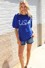 Load image into Gallery viewer, Patriotic USA Blue Knit Embroidery Puff Sleeve Sweater Top