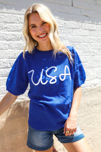Load image into Gallery viewer, Patriotic USA Blue Knit Embroidery Puff Sleeve Sweater Top