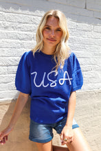 Load image into Gallery viewer, Patriotic USA Blue Knit Embroidery Puff Sleeve Sweater Top