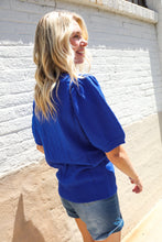 Load image into Gallery viewer, Patriotic USA Blue Knit Embroidery Puff Sleeve Sweater Top