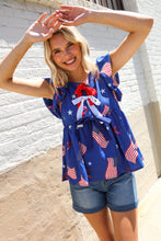 Load image into Gallery viewer, American Flag Blue & Red Stars & Bow Print Woven Top