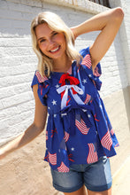 Load image into Gallery viewer, American Flag Blue & Red Stars & Bow Print Woven Top