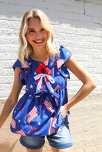 Load image into Gallery viewer, American Flag Blue & Red Stars & Bow Print Woven Top