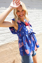 Load image into Gallery viewer, American Flag Blue & Red Stars & Bow Print Woven Top