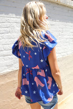 Load image into Gallery viewer, American Flag Blue & Red Stars & Bow Print Woven Top