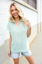 Load image into Gallery viewer, Weekend Ready Sage Collar Notch Neck Waffle Knit Top