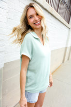 Load image into Gallery viewer, Weekend Ready Sage Collar Notch Neck Waffle Knit Top