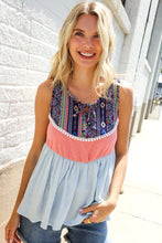 Load image into Gallery viewer, Vacay Vibes Coral/Blue Boho Print Color Block Sleeveless Top