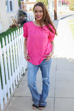 Load image into Gallery viewer, Perfectly You Solid Fuchsia Silk Shirred Cap Short Sleeve Blouse