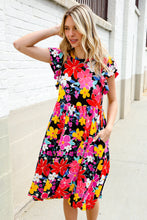 Load image into Gallery viewer, Spread Joy Black & Multicolor Floral Flutter Sleeve Babydoll Dress