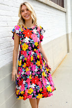 Load image into Gallery viewer, Spread Joy Black & Multicolor Floral Flutter Sleeve Babydoll Dress