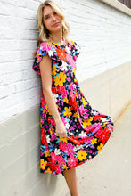 Load image into Gallery viewer, Spread Joy Black & Multicolor Floral Flutter Sleeve Babydoll Dress