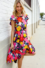 Load image into Gallery viewer, Spread Joy Black & Multicolor Floral Flutter Sleeve Babydoll Dress