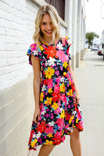Load image into Gallery viewer, Spread Joy Black & Multicolor Floral Flutter Sleeve Babydoll Dress