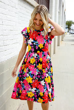 Load image into Gallery viewer, Spread Joy Black & Multicolor Floral Flutter Sleeve Babydoll Dress