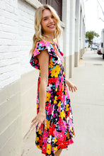 Load image into Gallery viewer, Spread Joy Black & Multicolor Floral Flutter Sleeve Babydoll Dress
