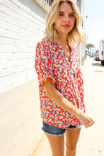 Load image into Gallery viewer, Elegant You Ruby Notched Neck Floral Smocked Sleeve Blouse