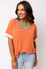 Load image into Gallery viewer, Lovesoft - Grapefruit Orange Contrast Trim Exposed Seam V Neck T-shirt