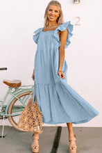 Load image into Gallery viewer, Lovesoft - Sky Blue Ruffled Flutter Sleeve Square Neck Textured Tiered Maxi Dress