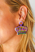 Load image into Gallery viewer, Mardi Gras Sequin & Beaded Crown Dangle Earrings