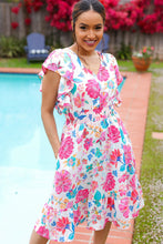 Load image into Gallery viewer, Hello Beautiful Ivory & Fuchsia Floral Sequin Smock Waist Midi Dress