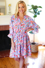 Load image into Gallery viewer, Love Found Blue & Lavender Ikat Print V Neck Dress