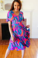 Load image into Gallery viewer, Remember Me Blue & Fuchsia Geo Print V Neck Dress