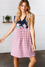 Load image into Gallery viewer, Pink Floral & Striped Yoke Babydoll Dress