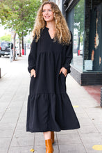 Load image into Gallery viewer, Lock Eyes Black Notched Neck Frill Hem Tiered Maxi Dress