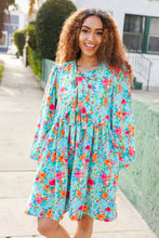 Load image into Gallery viewer, Feeling Femme Aqua Floral Ribbon Bow Tie Babydoll Dress