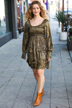 Load image into Gallery viewer, Dazzling Black Gold Foiled Smocked Fit & Flare Dress