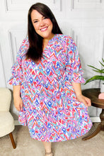 Load image into Gallery viewer, Love Found Blue & Lavender Ikat Print V Neck Dress