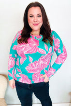 Load image into Gallery viewer, Find Love Aqua/Pink Fitted Floral Print Buttery Soft Knit Top