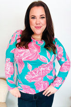 Load image into Gallery viewer, Find Love Aqua/Pink Fitted Floral Print Buttery Soft Knit Top