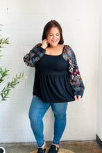 Load image into Gallery viewer, Charming Black Square Neck Border Print Bubble Sleeve Top