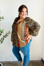 Load image into Gallery viewer, Weekend Ready Black & Rust Paisley Raglan Keyhole Tie Top