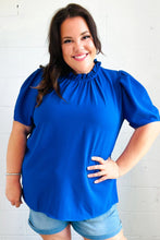 Load image into Gallery viewer, Lovely In Holiday Blue Frill Mock Neck Woven Top