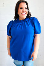 Load image into Gallery viewer, Lovely In Holiday Blue Frill Mock Neck Woven Top