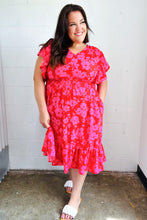 Load image into Gallery viewer, Remember Me Red & Pink Floral Print Smocked Waist Midi Dress