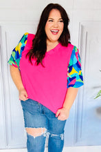 Load image into Gallery viewer, Tell Your Story Fuchsia Geo Print Puff Sleeve V Neck Top