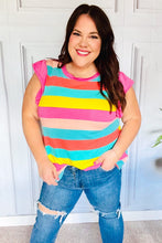 Load image into Gallery viewer, Relaxed Fun Mint & Fuchsia Stripe Flutter Sleeve Terry Knit Top