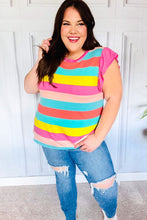 Load image into Gallery viewer, Relaxed Fun Mint & Fuchsia Stripe Flutter Sleeve Terry Knit Top