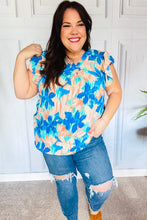 Load image into Gallery viewer, Tropical Breeze Turquoise Floral Banded V Neck Flutter Sleeve Top