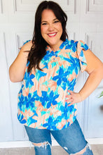 Load image into Gallery viewer, Tropical Breeze Turquoise Floral Banded V Neck Flutter Sleeve Top