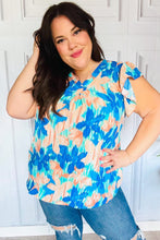 Load image into Gallery viewer, Tropical Breeze Turquoise Floral Banded V Neck Flutter Sleeve Top