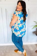 Load image into Gallery viewer, Tropical Breeze Turquoise Floral Banded V Neck Flutter Sleeve Top