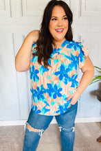 Load image into Gallery viewer, Tropical Breeze Turquoise Floral Banded V Neck Flutter Sleeve Top