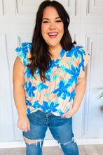 Load image into Gallery viewer, Tropical Breeze Turquoise Floral Banded V Neck Flutter Sleeve Top