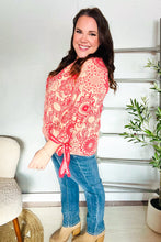 Load image into Gallery viewer, Be Bold Red & Coral Floral Long Sleeve Bow Tie Contrast Binding Top