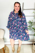 Load image into Gallery viewer, Feeling Joyful Navy Floral Bow Tie Babydoll Long Ruffle Sleeve Dress